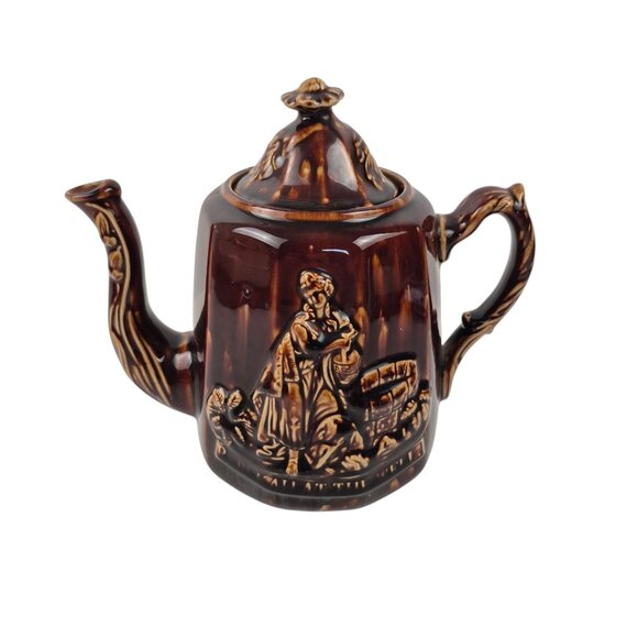 Vintage Rockingham Style Rebekah At The Well Coffee Tea Pitcher Brown Drip Glaze - Picture 8 of 10